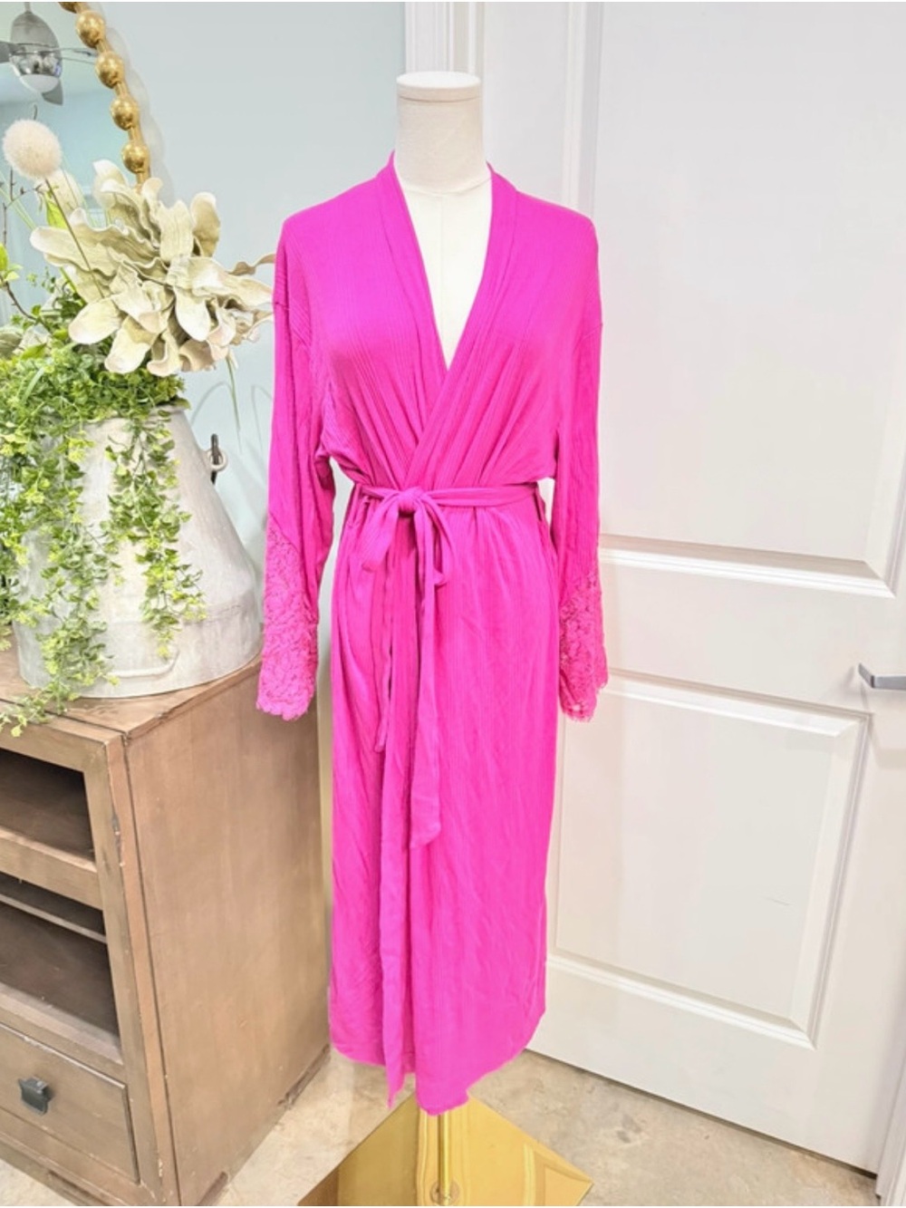 Anthropologie Vibrant Pink Lace-Trim Wrap Robe